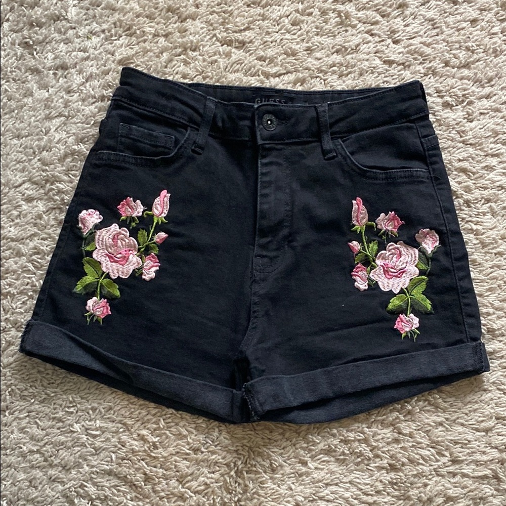 Guess Black Jean Short with Flower Embroidery
